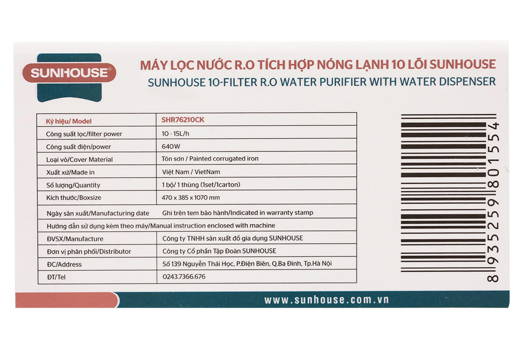 Máy lọc nước R.O tích hợp nóng lạnh 10 lõi Sunhouse SHR76210CK