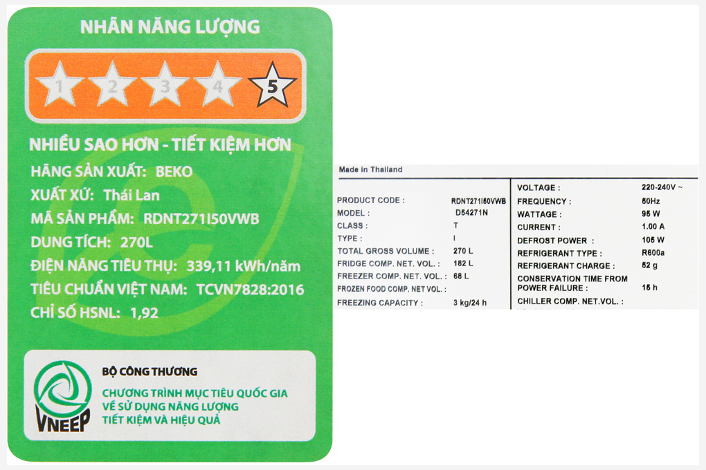 Tủ lạnh Beko Inverter 250 lít RDNT271I50VWB