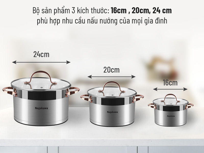 Bộ 3 nồi inox cao cấp 5 đáy Nagakawa NAG1352 (16cm, 20cm, 24cm)