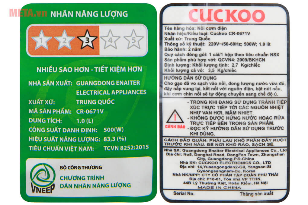 Nồi cơm điện Cuckoo CR-0671V 1 lít