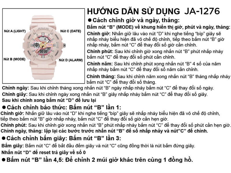 Đồng hồ nữ JA-1276 Julius Hàn Quốc thể thao chống thấm nước