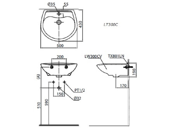 Chậu rửa mặt treo tường Toto LT300C (500mm x 430mm)