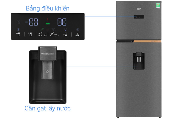 Tủ lạnh Beko Inverter 375 lít RDNT401E50VZDK có bảng điều khiển và vòi lấy nước bên ngoài