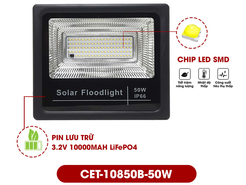 Đèn Solar Led năng lượng mặt trời CET-10850B-50W (chiếu sáng 180m2)