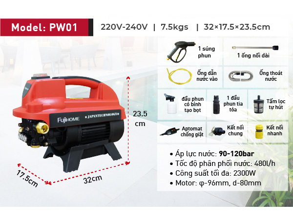 Máy rửa xe mô tơ cảm ứng từ Fujihome PW01