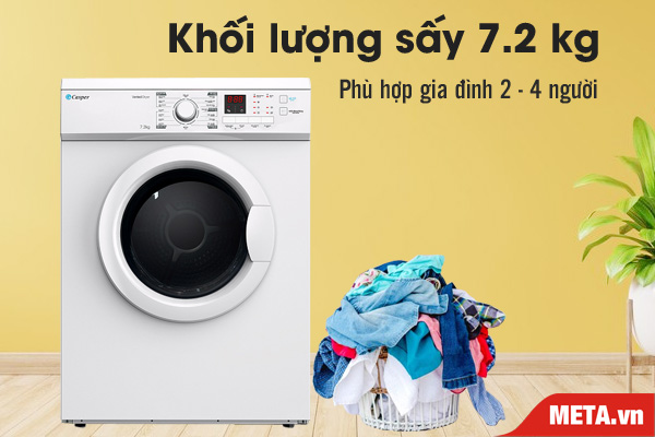 Máy sấy Casper TD 72VWD có khối lượng sấy 7,2kg phù hợp với gia đình 2 - 4 thành viên