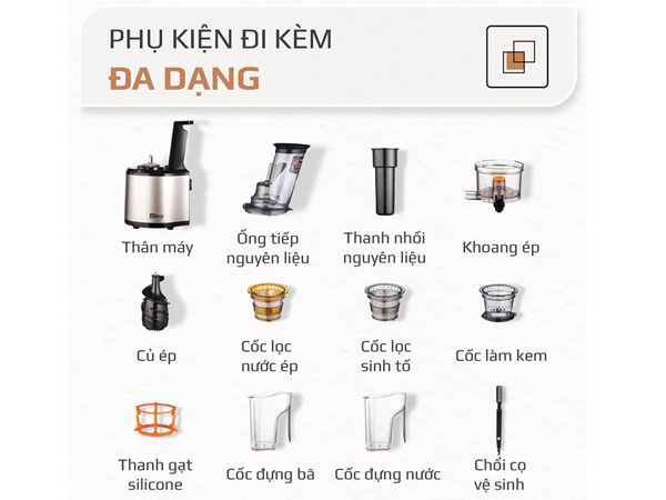 Máy ép trái cây Olivo SJ200 đi kèm nhiều loại phụ kiện