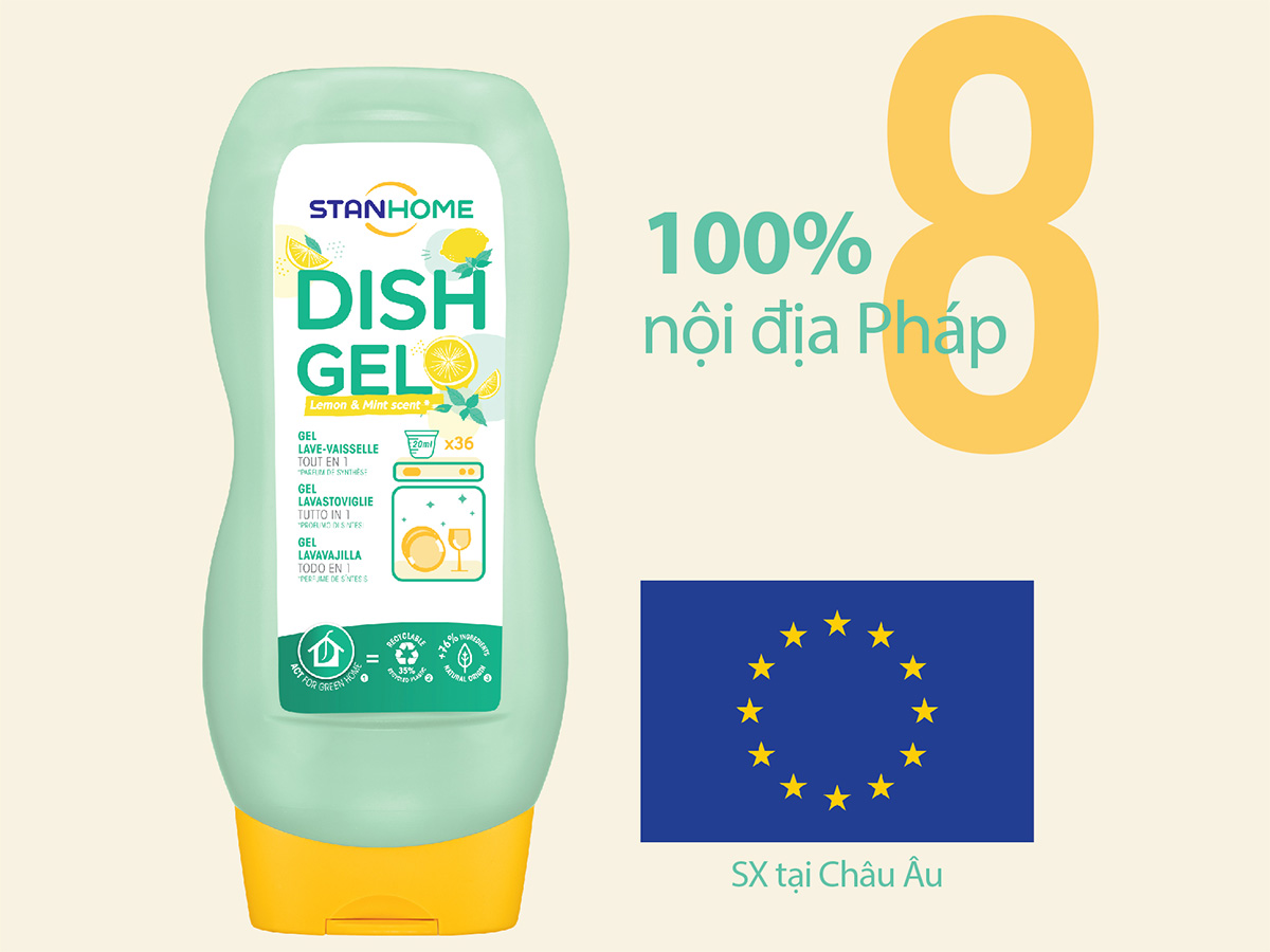 Gel rửa bát chuyên dụng cho máy rửa bát hương chanh bạc hà All in One Stanhome Dish Gel 720ml