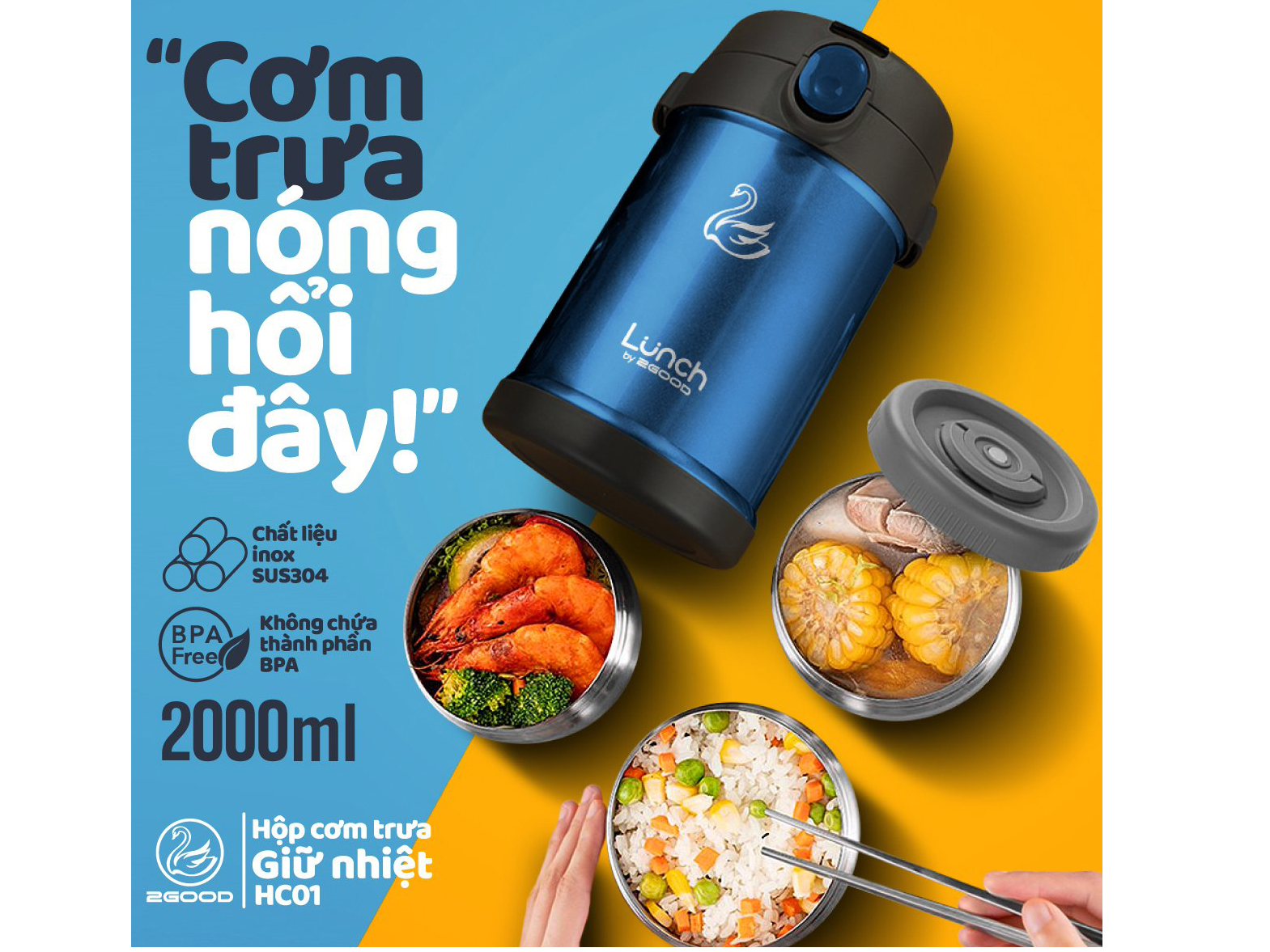 Hộp cơm giữ nhiệt 2GOOD Lunch Box HC01 (2 lít) - Kèm muỗng và đũa inox 304