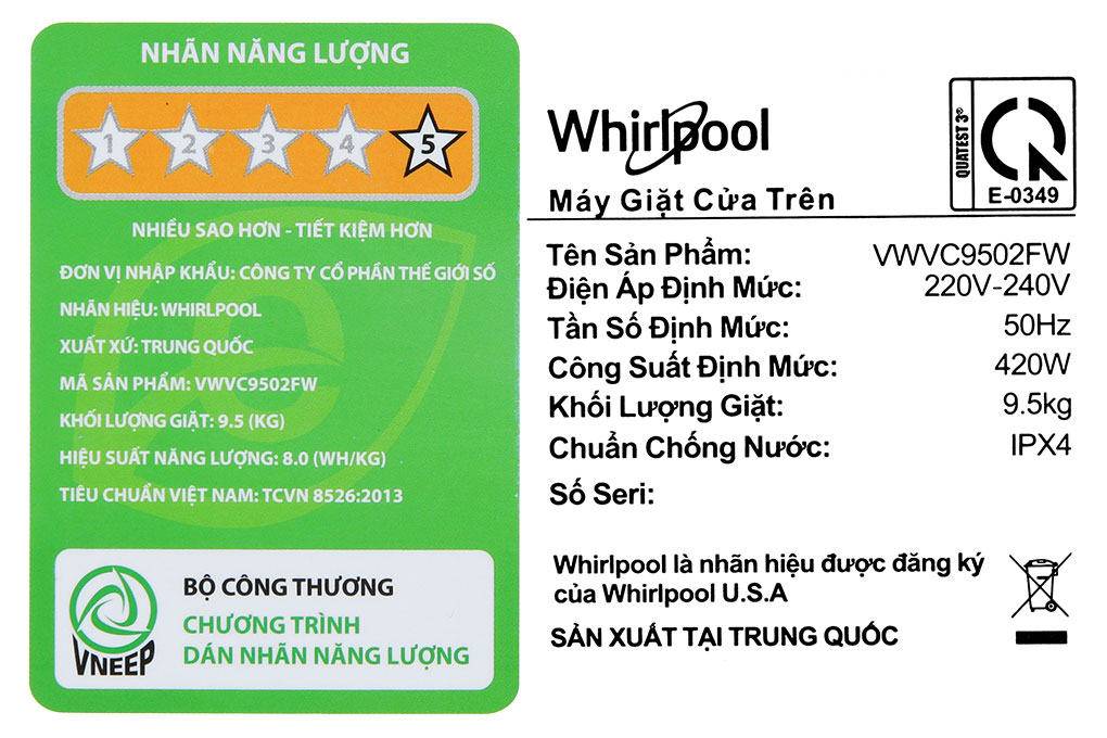 Máy giặt Whirlpool 9.5kg VWVC9502FW