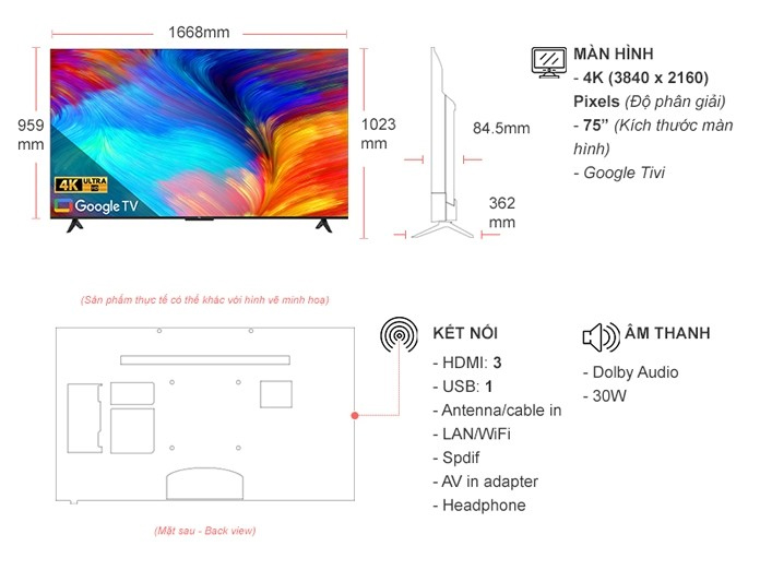 Kích thước Google tivi TCL 4K 75 inch 75P638