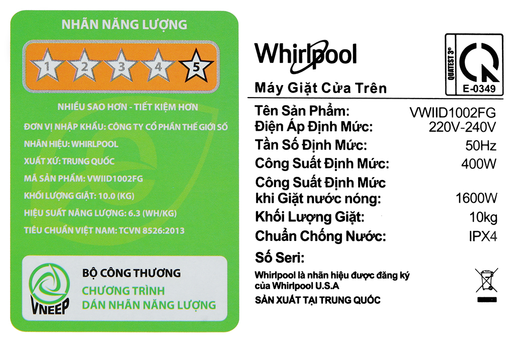 Máy giặt Whirlpool Inverter 10kg VWIID1002FG