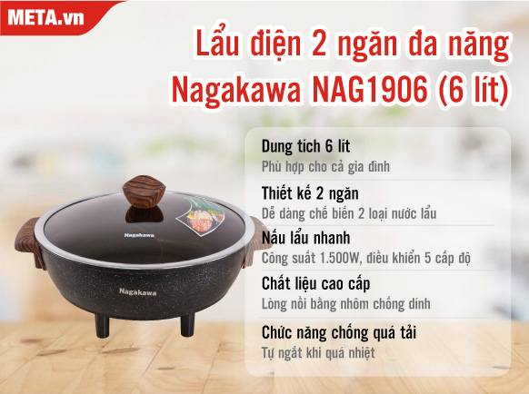 Lẩu điện 2 ngăn đa năng Nagakawa NAG1906 (6 lít)