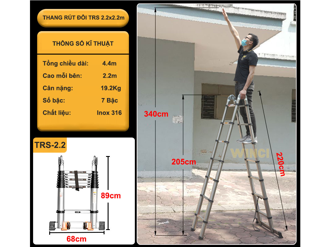 Thang rút đôi inox Winci TRS 2.2m