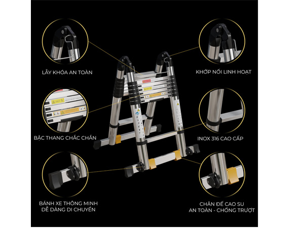Thang rút đôi inox có bánh xe Winci TRX-1.9