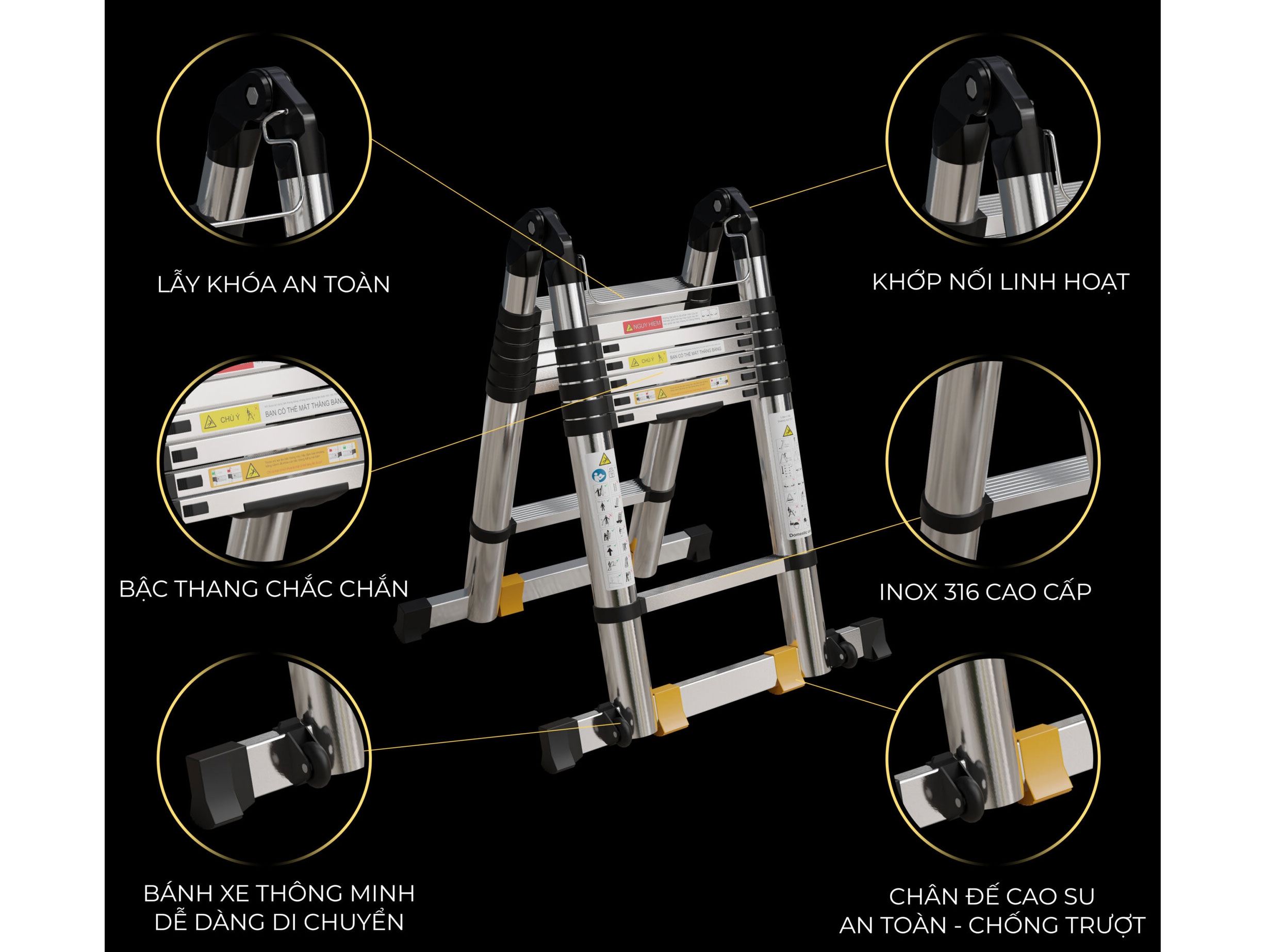 Thang rút đôi inox có bánh xe Winci TRX-2.2