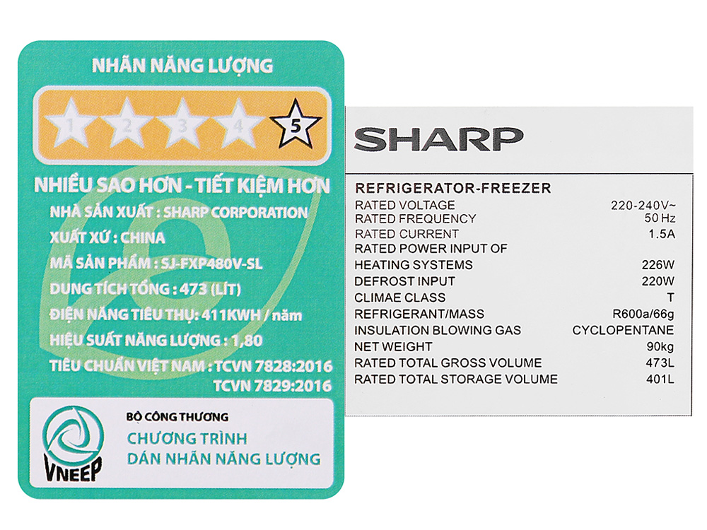 Tủ lạnh Sharp Inverter 401 lít SJ-FXP480V-SL