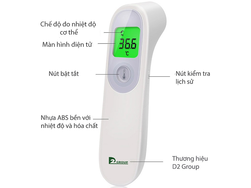 Nhiệt kế điện tử hồng ngoại đo trán, đo cơ thể D2Group KF-HW-005