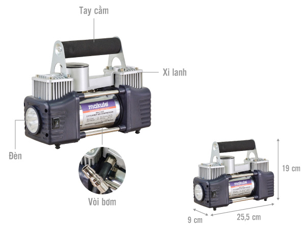 Bơm lốp xe hơi Makute, 2 xi lanh MAC1202