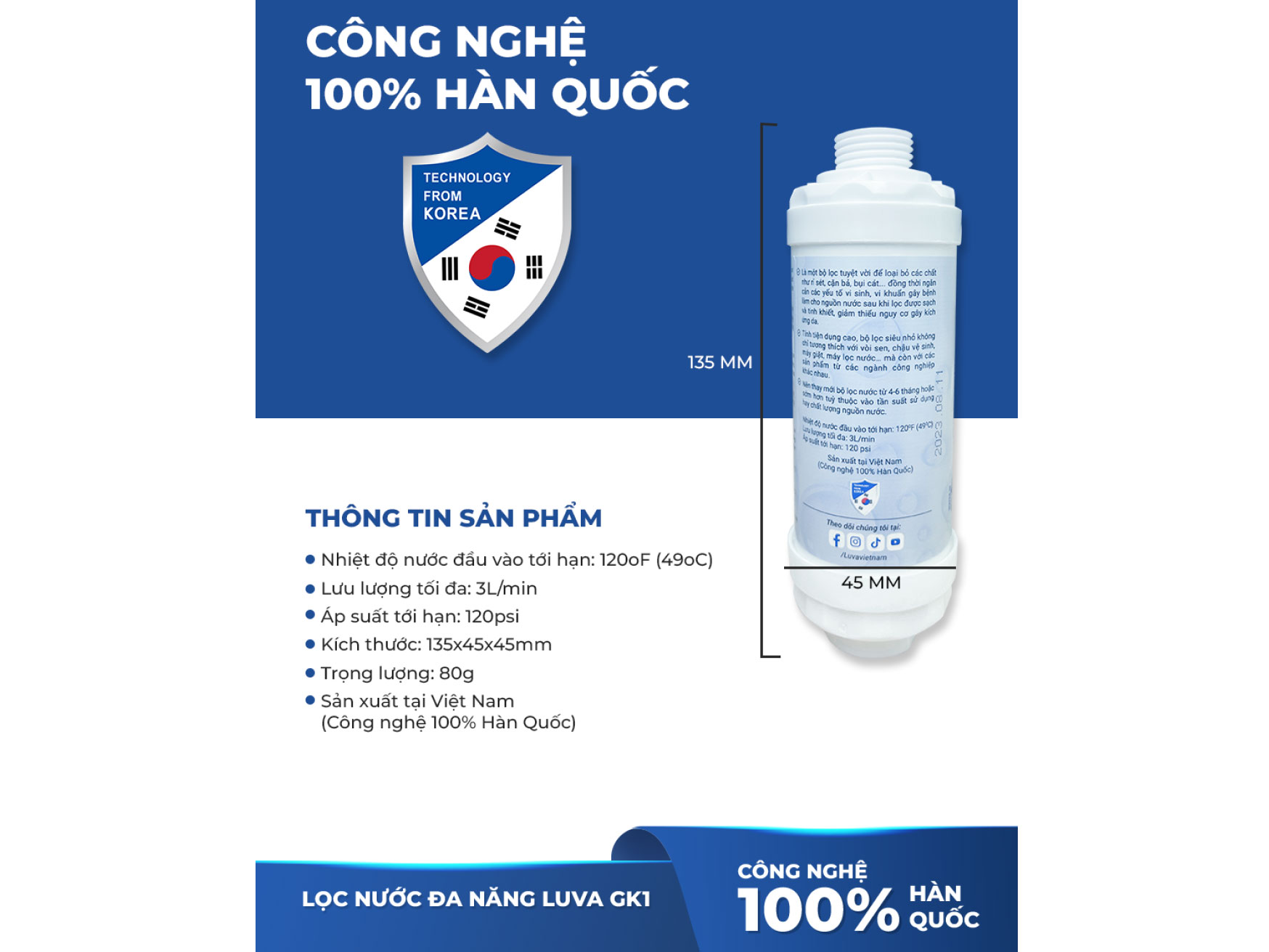 Bộ lọc nước đa năng Luva GK1 cho vòi sen tắm, vòi nước uống, máy giặt, bồn cầu, máy rửa bát