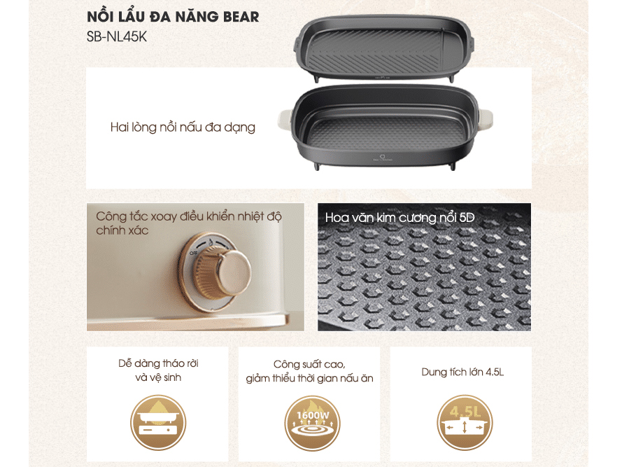 Nồi lẩu nướng đa năng 2 khay Bear SB-NL45K