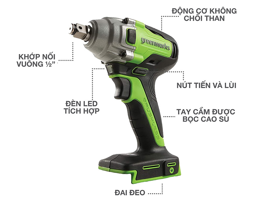 Máy siết bu lông 1/2 inch dùng pin Greenworks 24V GD24IW400 (Chưa pin, sạc)