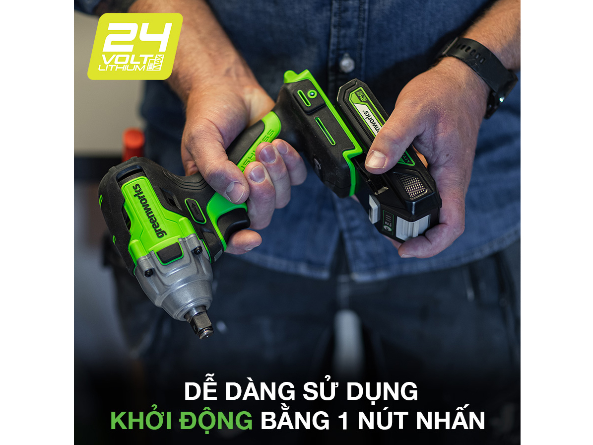 Máy siết bu lông 1/2 inch dùng pin Greenworks 24V GD24IW400 (Chưa pin, sạc)