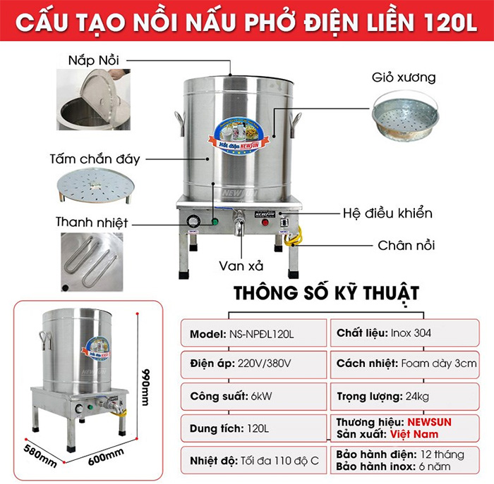 Nồi nấu phở NewSun 120 lít - Điện liền nồi