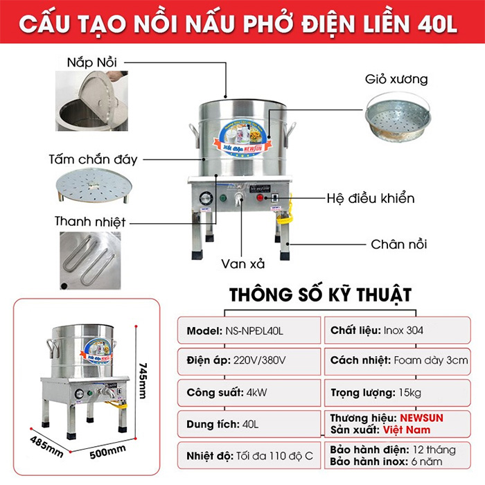 Nồi nấu phở NewSun 40 lít - Điện liền nồi