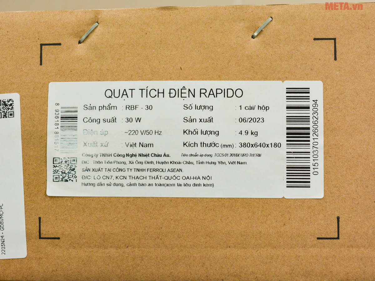 Quạt tích điện Rapido RBF-30