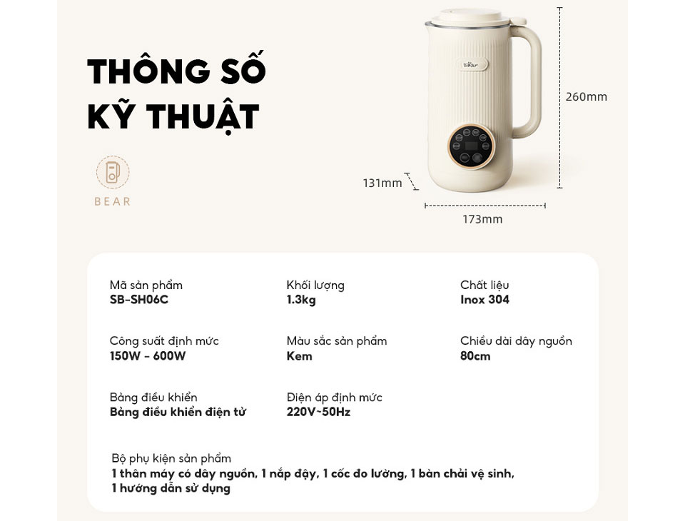 Máy làm sữa hạt Bear SB-SH06C - 600ml