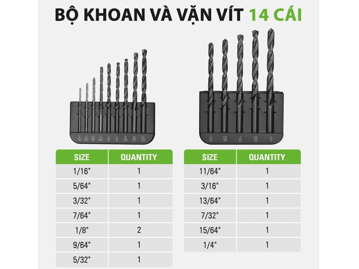 Bộ 14 mũi khoan Oxit đen Greenworks 3508502