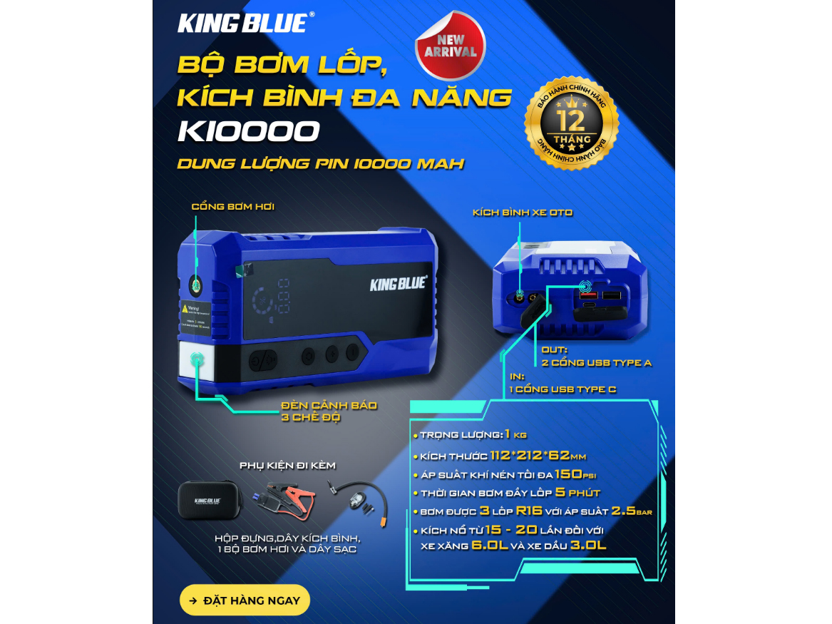 Máy bơm lốp kích bình đa năng 4 trong 1 KingBlue K10000 (10.000 mAh)