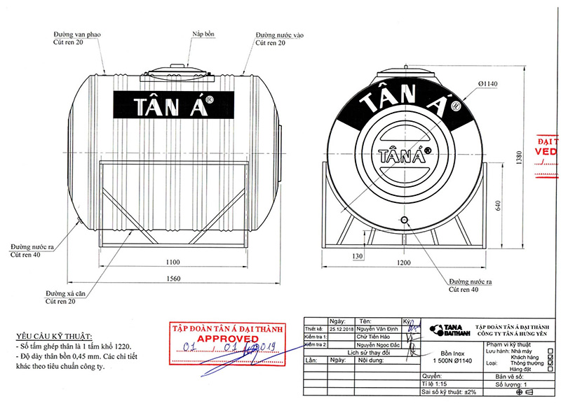 Bồn nước inox Tân Á 8 – 1.500L Ngang (Ø1140)
