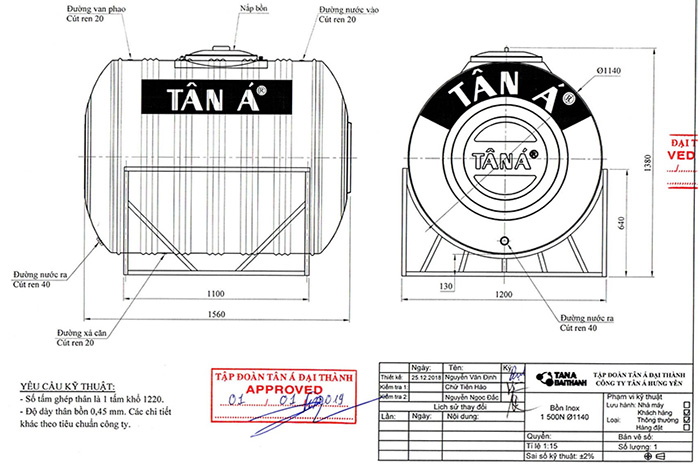 Bồn nước inox Tân Á 8 – 1.500L Ngang (Ø1140)