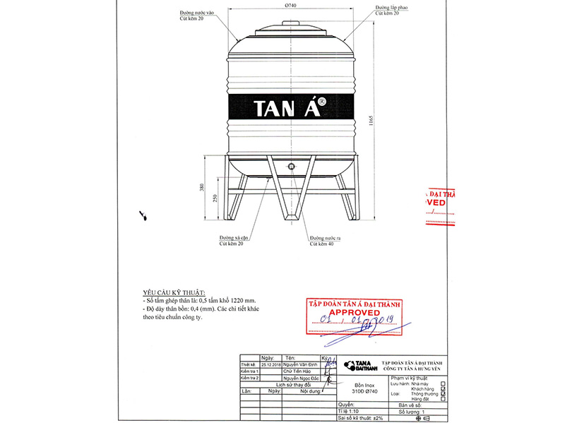 Bồn nước inox Tân Á 8 - 310 lít đứng (Ø740mm)