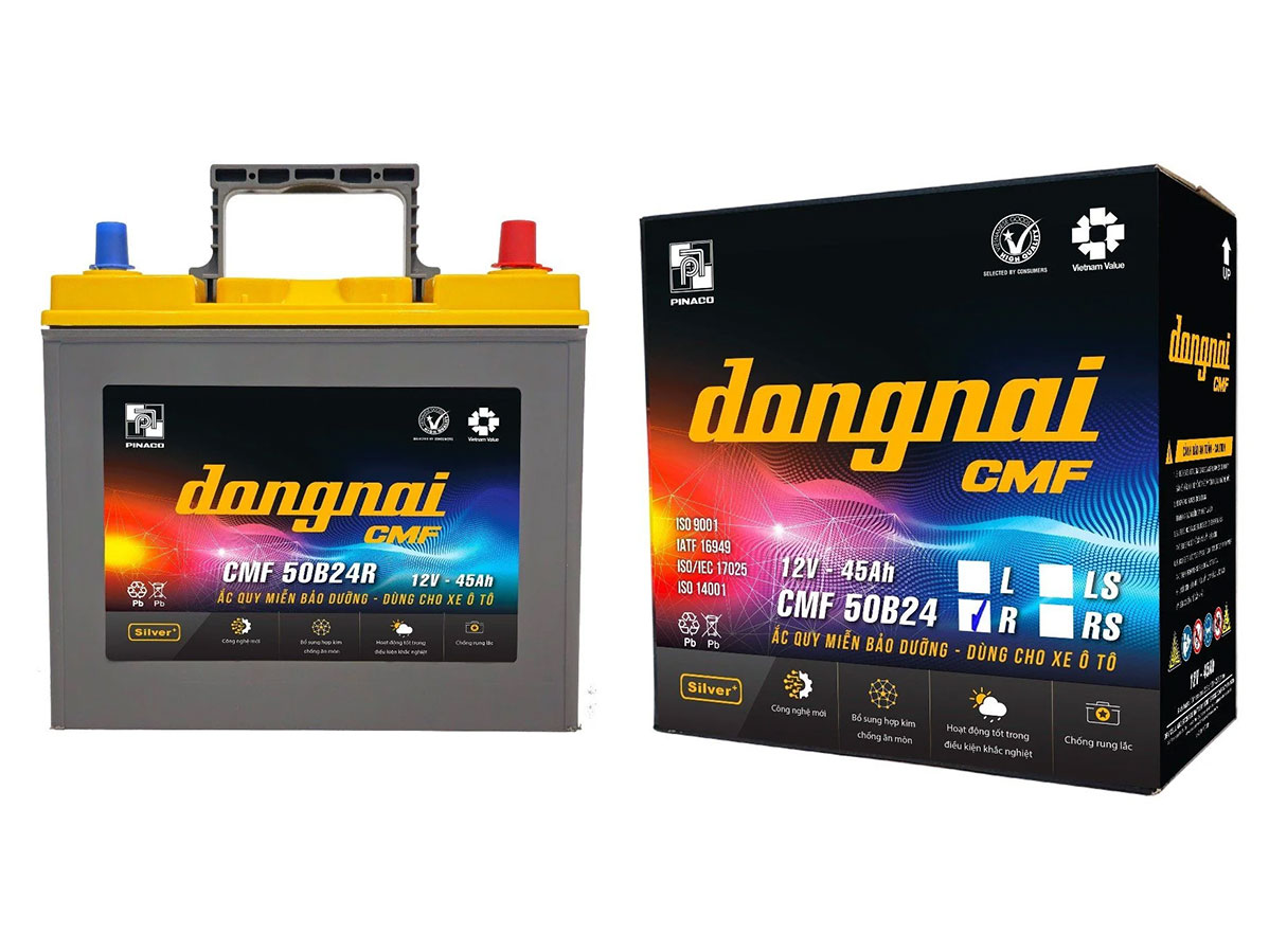 Ắc quy khô ô tô Đồng Nai CMF 50B24R(S) (12V - 45Ah, cọc phải, cọc to)