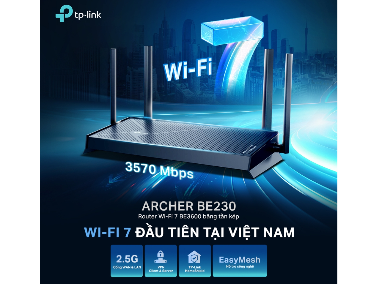 Router Wifi 7 băng tần kép BE3600 TP-Link Archer BE230