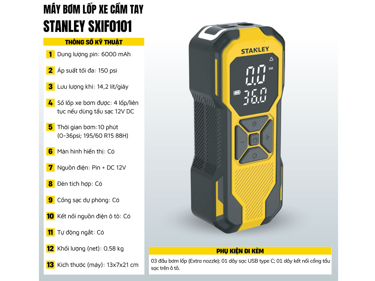 Máy bơm hơi dùng pin Stanley SXIF0101 (có đèn led, sạc dự phòng)