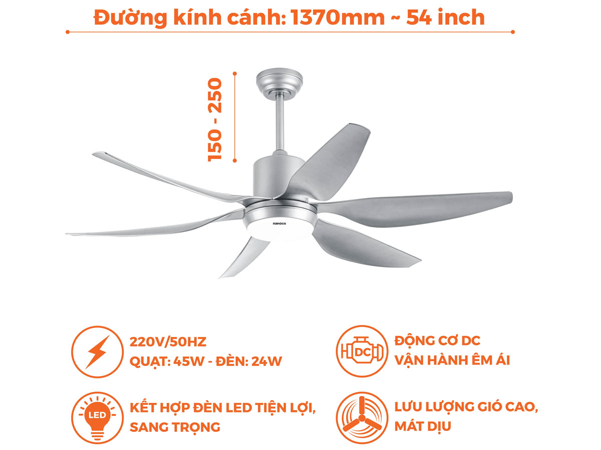 Quạt trần 6 cánh Nanoco NCF5462-SL đèn Led