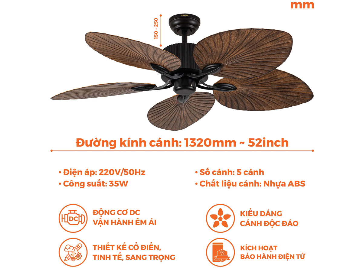 Quạt trần trang trí 5 cánh Nanoco NCFD5251 (động cơ DC, có remote)