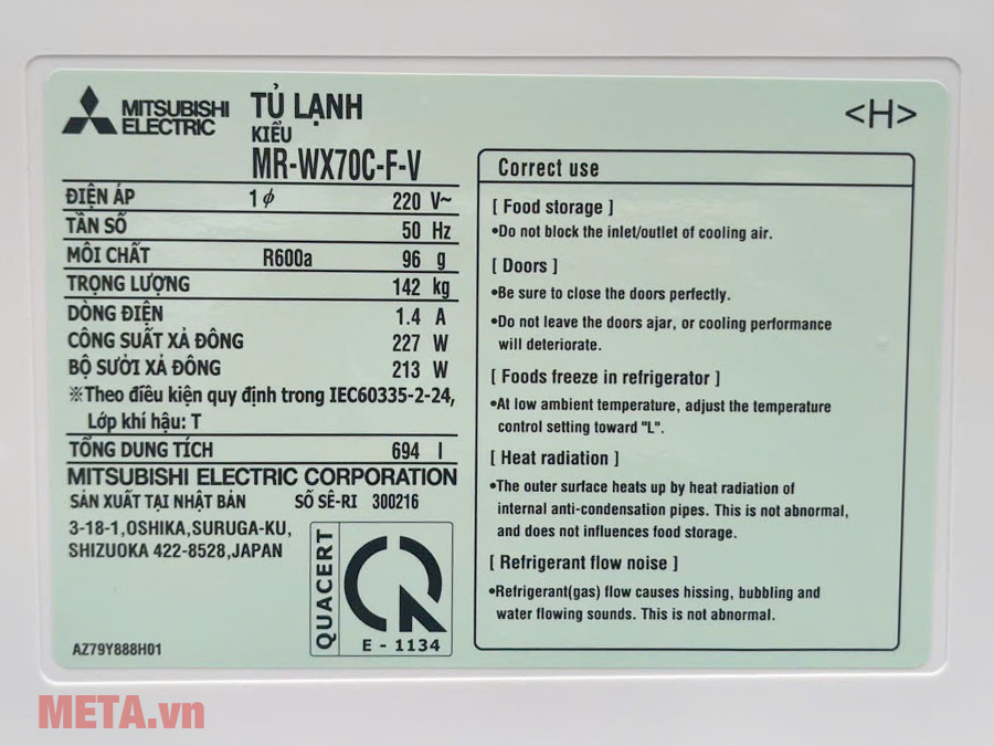 Tủ lạnh Mitsubishi Electric Inverter 694 lít MR-WX70C-F-V