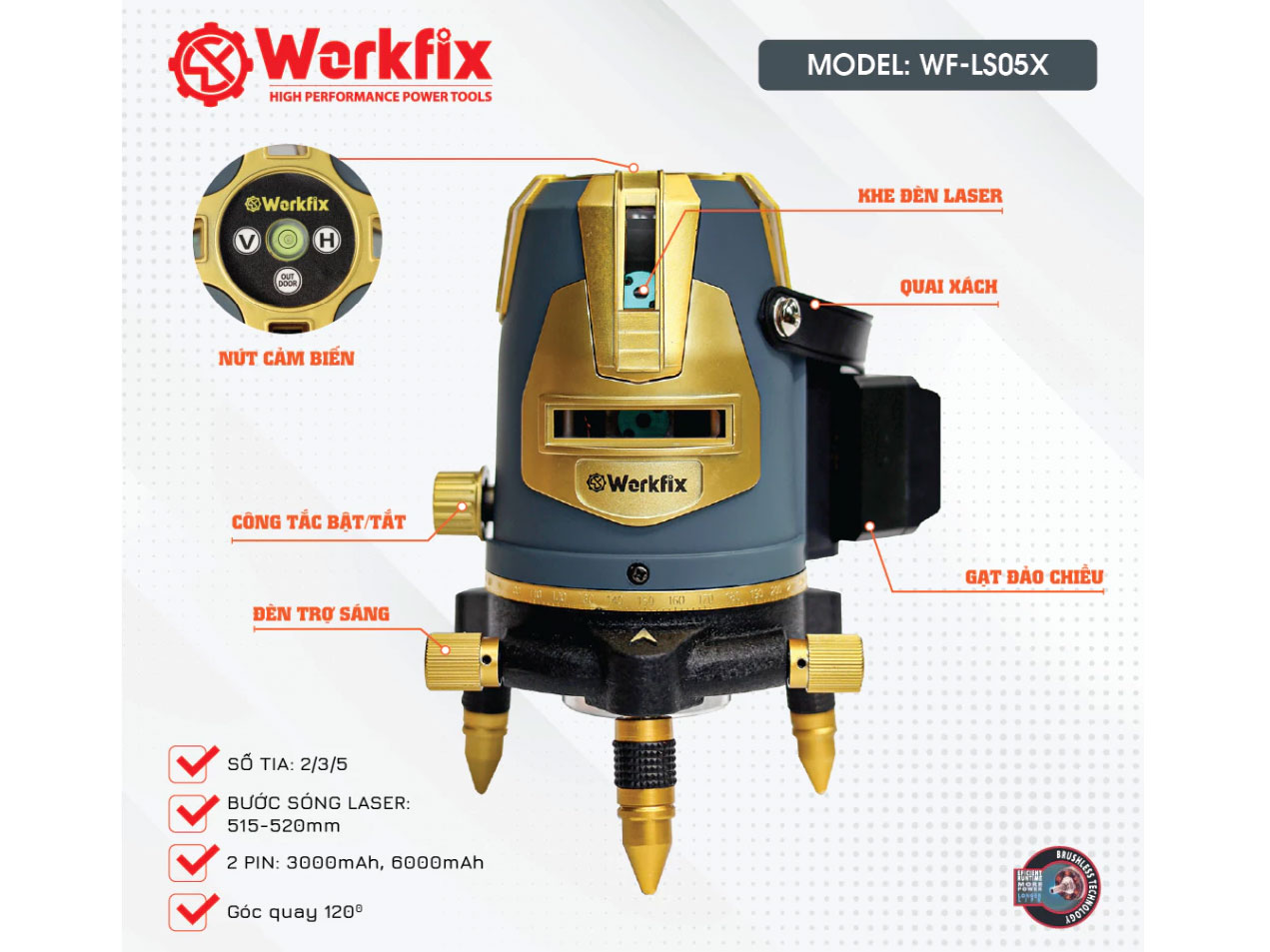 Máy cân bằng laser 5 tia xanh Workfix WF-LS05X
