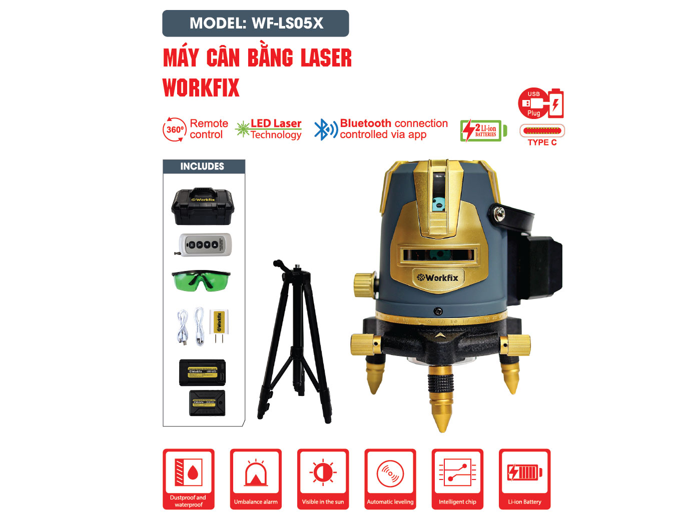 Máy cân bằng laser 5 tia xanh Workfix WF-LS05X