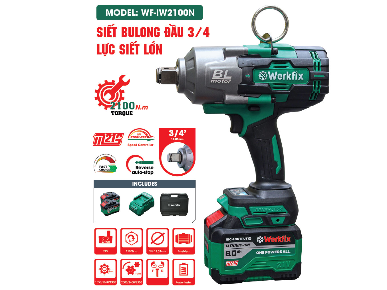Máy bắn, siết bu lông Workfix WF-IW2100N