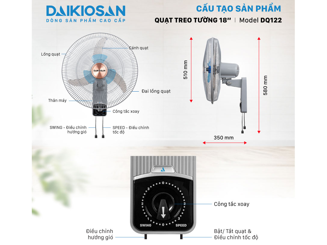 Quạt treo tường lifestyle Daikiosan DQ122