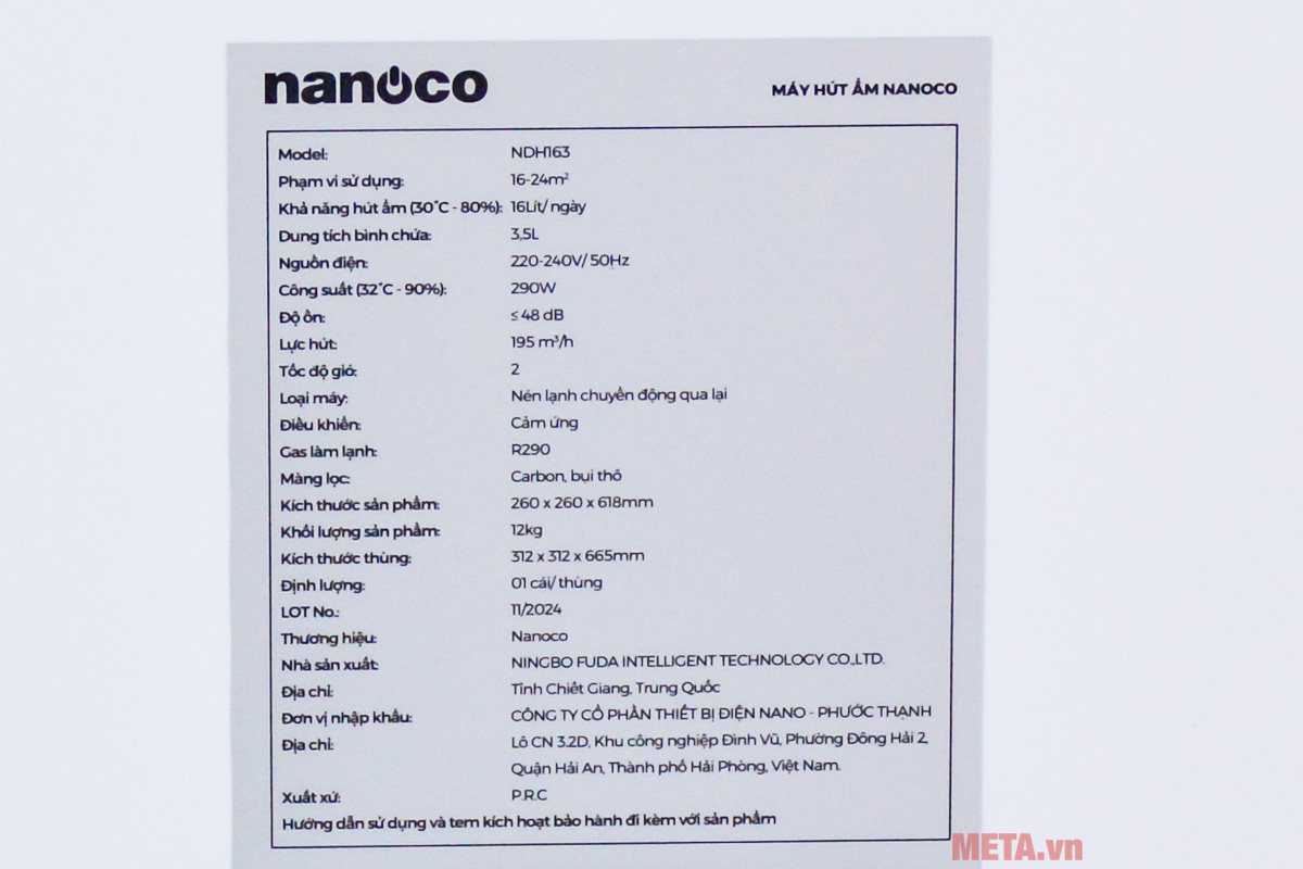 Máy hút ẩm Nanoco NDH163 (24m2, 16 lít/ngày)