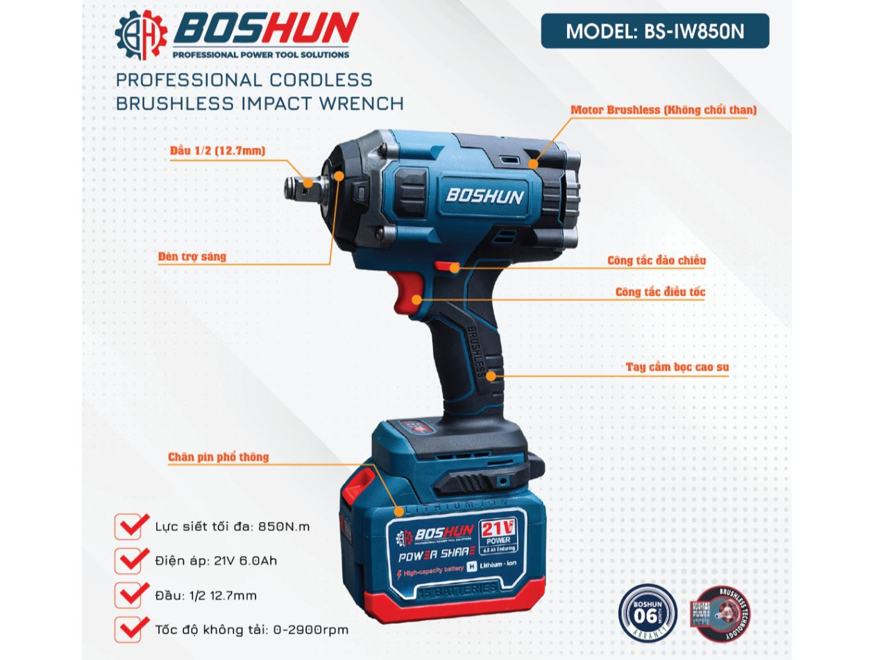 Máy siết bu lông Boshun BS-IW850N (2 pin, 1 sạc)