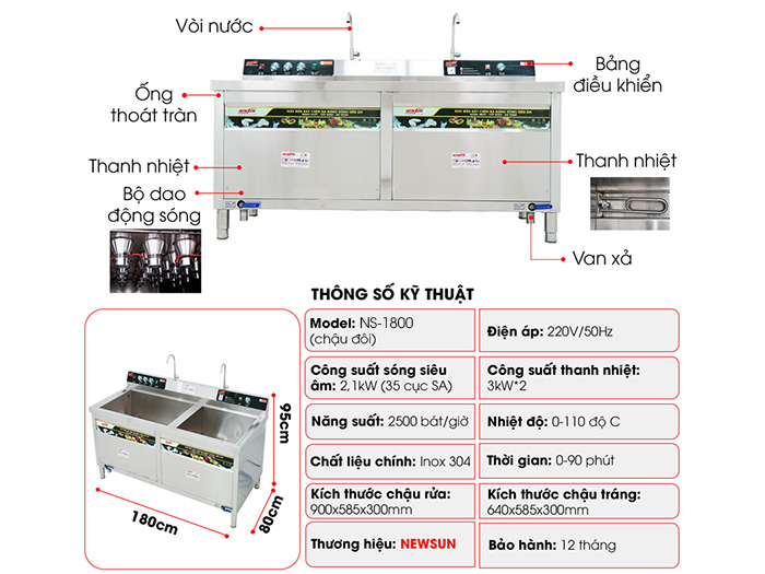 Máy rửa bát siêu âm chậu đôi NewSun NS-1800