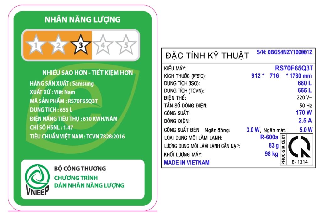 Tủ lạnh Samsung Inverter 655 lít Side By Side RS70F65Q3TSV